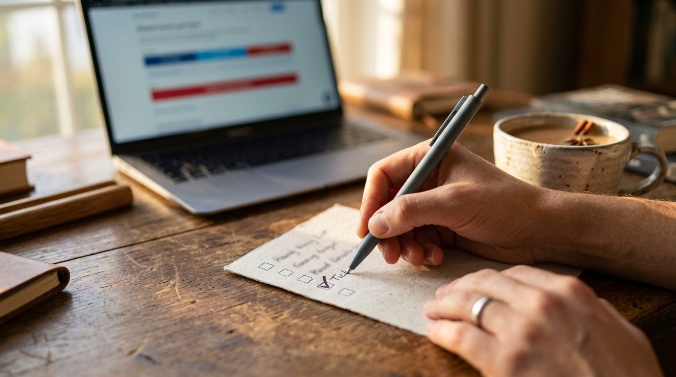 Hands ticking a checklist beside a laptop while checking a university for an online MBA.