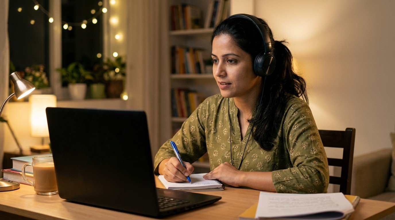 Woman attending a live evening lecture at home, testing one of the best online mba programs.