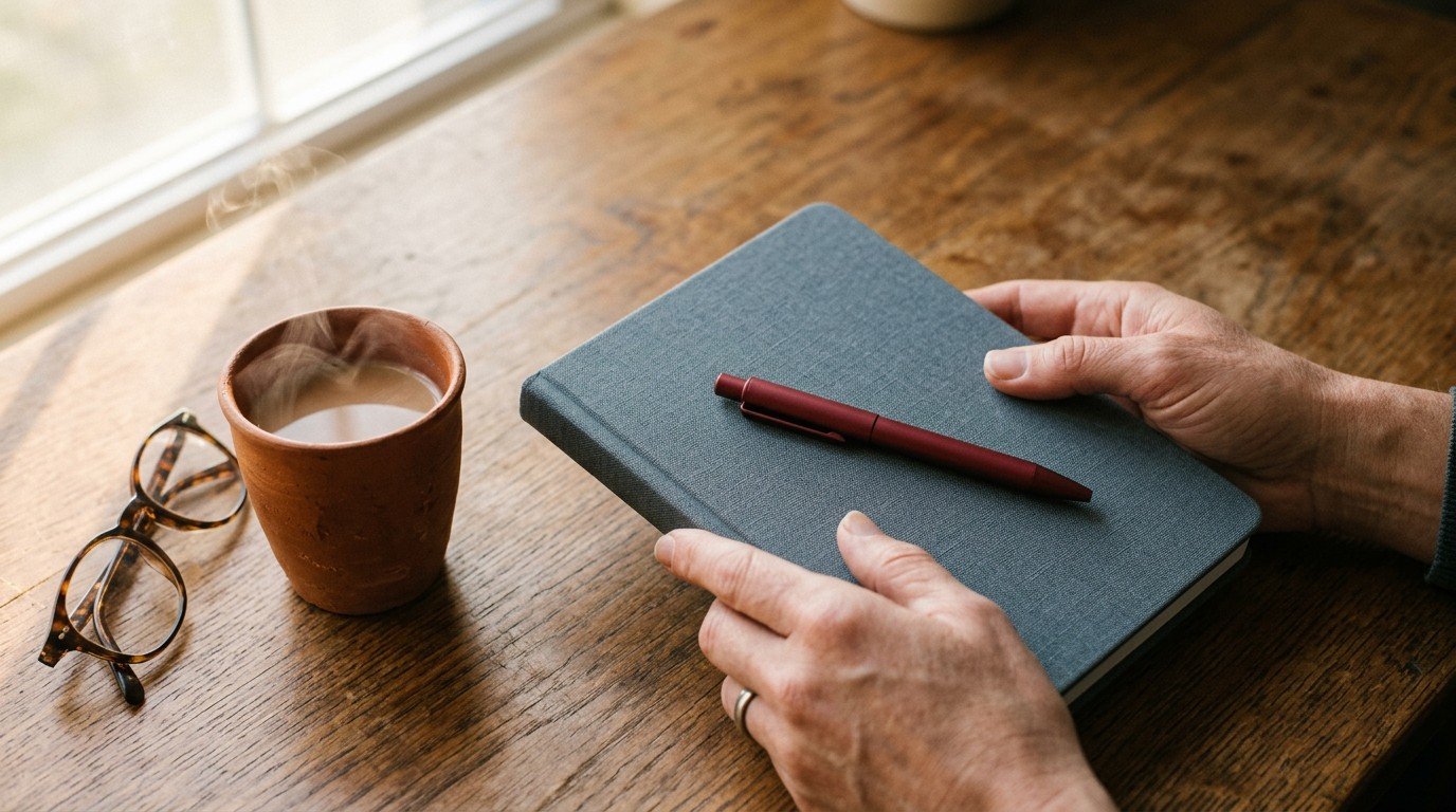 Hands holding a grey notebook while researching data for the best online mba programs.