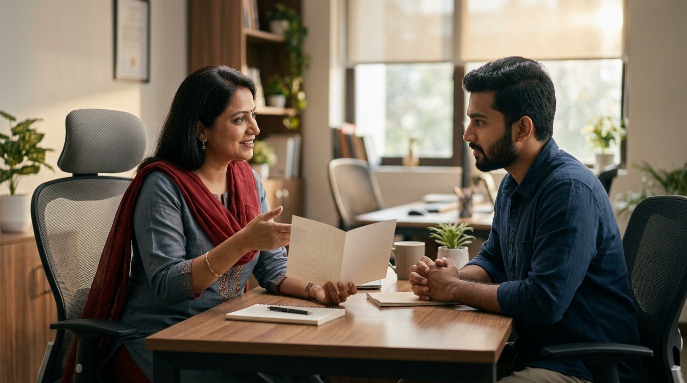 Counsellor talking an applicant through online MBA admission papers across an office desk.