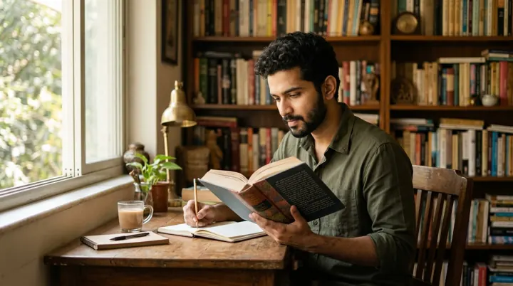 A student reading a book at home with shelves behind him