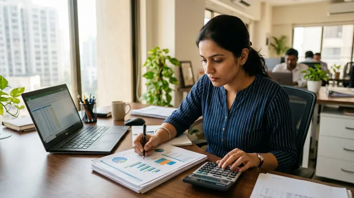 An accountant with a calculator and printed financial charts