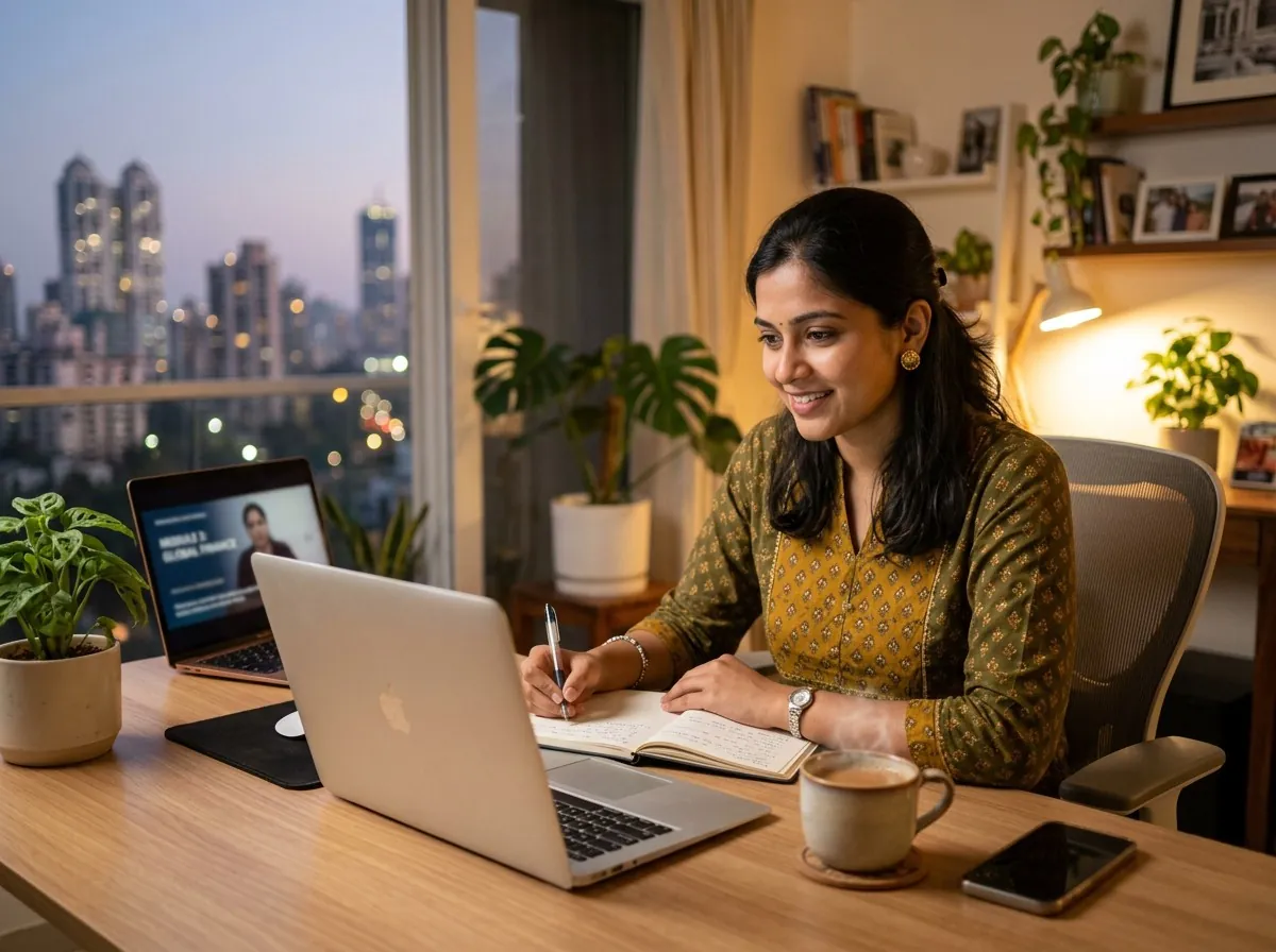A working professional attending an online lecture from home in the evening