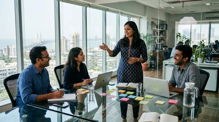 A team meeting around a glass table in a modern office