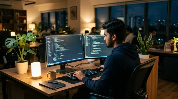A developer working on code across two monitors